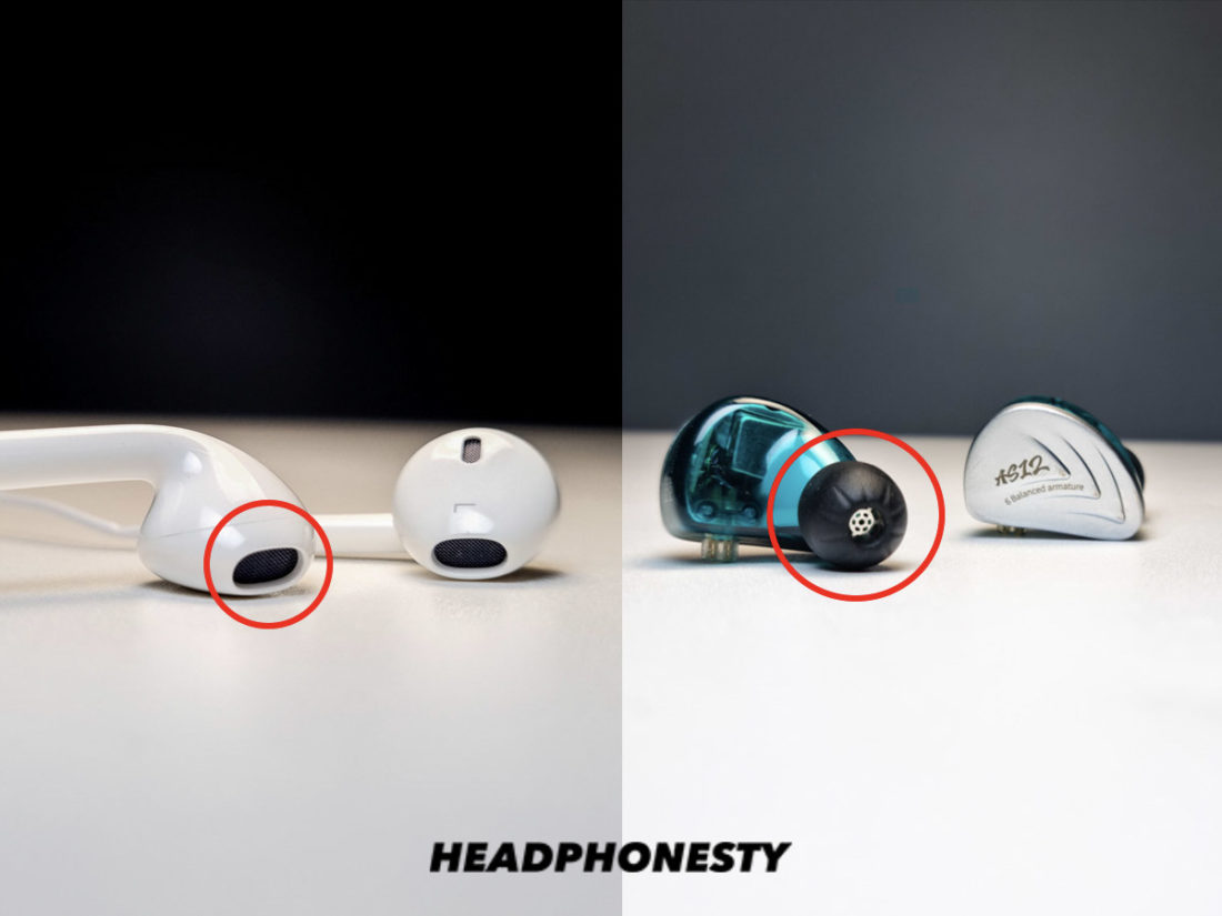 Driver unit circled. (L) Earbuds (R) IEM. For IEMs, remember to remove the ear tips before cleaning the driver unit.