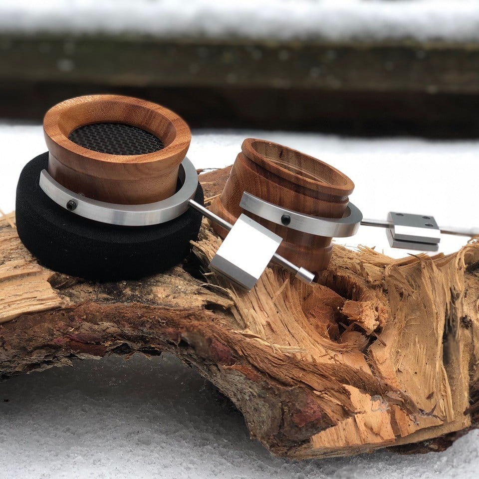 Shipibo Audio Mahogany wooden cups, prototype aluminum rod blocks and gimbals