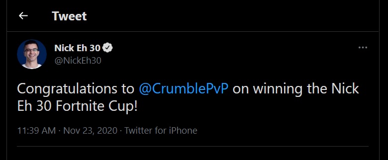 Tweet announcing the winner of Nick Eh 30 Fortnite Cup (From: Twitter)