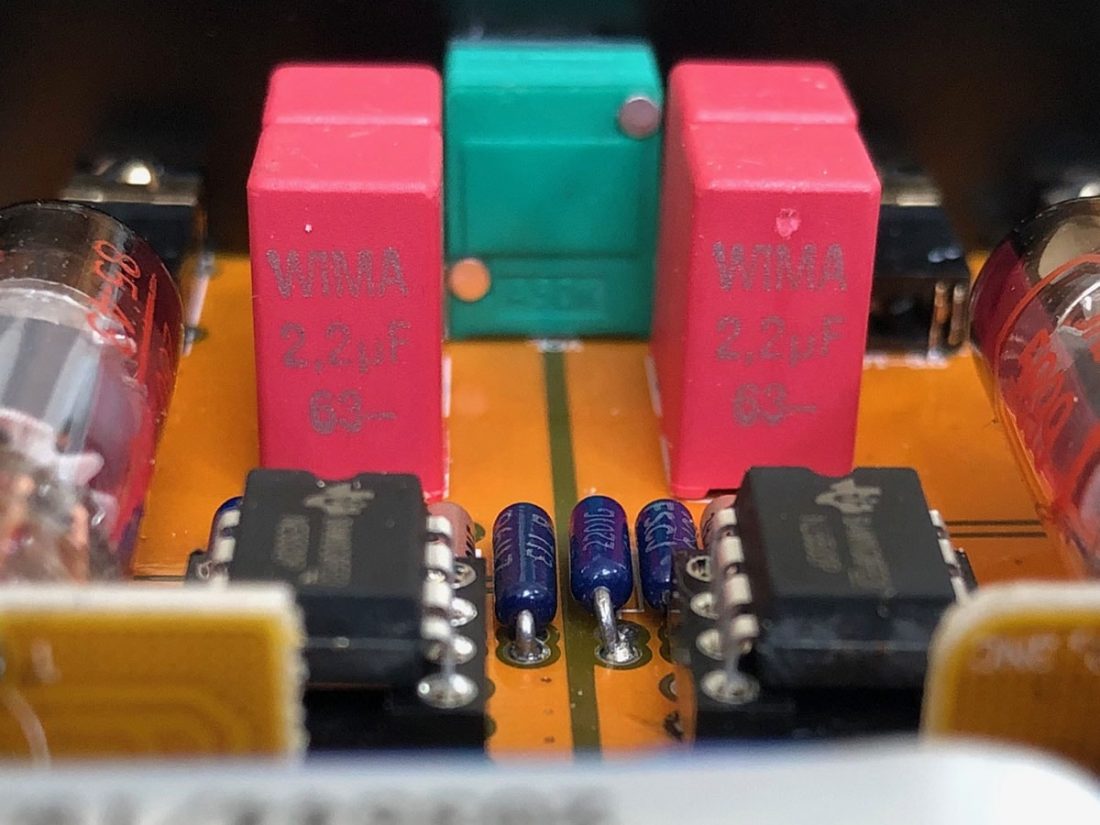 Wima film capacitors and socketed OpAmps.