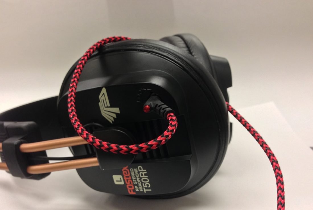 A red V-Moda Audio Only cable from Head-Fi.