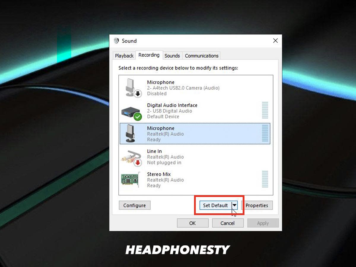 Set headphone mic as default input device