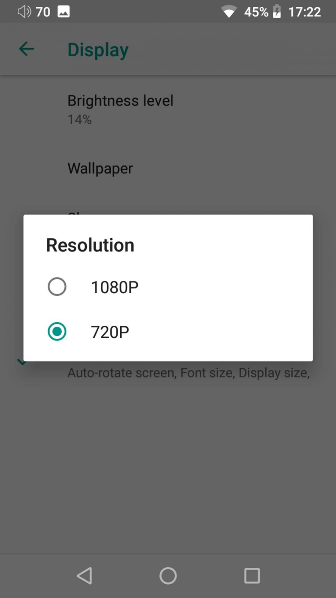 Users can choose between 720P and 1080P for screen resolution.