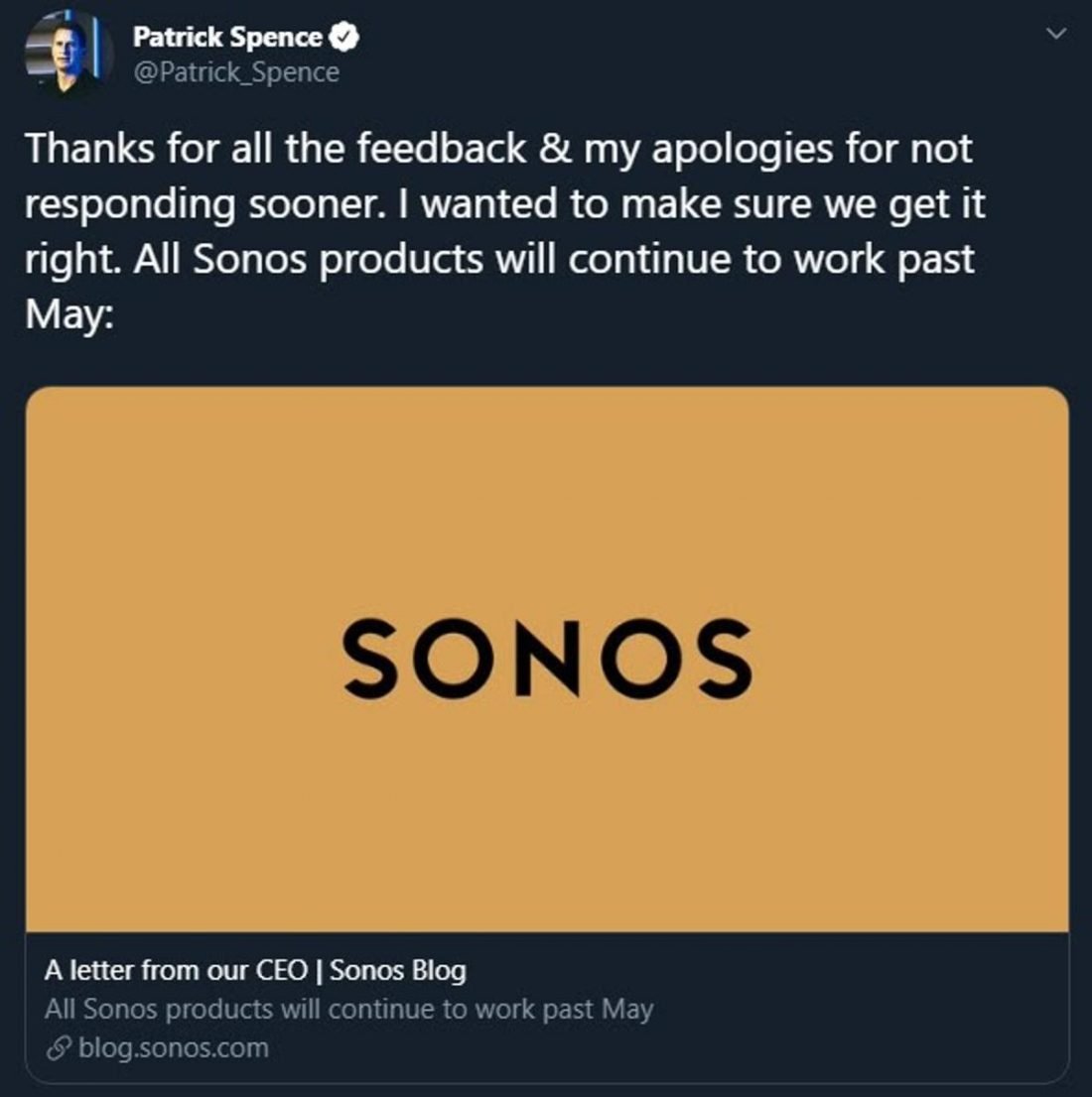 Sonos CEO Patrick Spence apologizes via Twitter (From: Twitter)