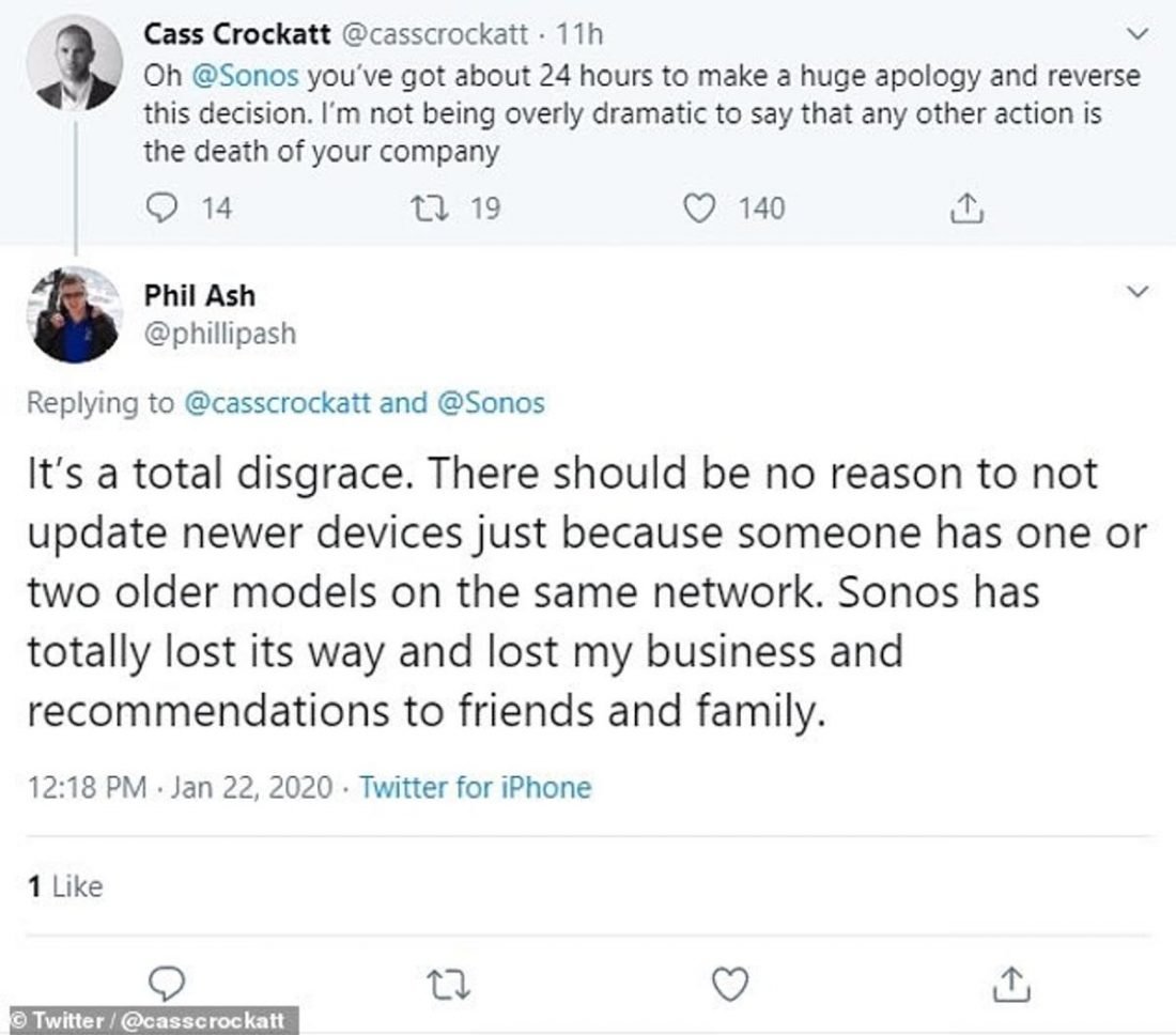 A Twitter user tags Sonos' official Twitter Account, demanding an apology and a reversal of its decision. The tweet was replied to by another disappointed Sonos customer who called the decision a 