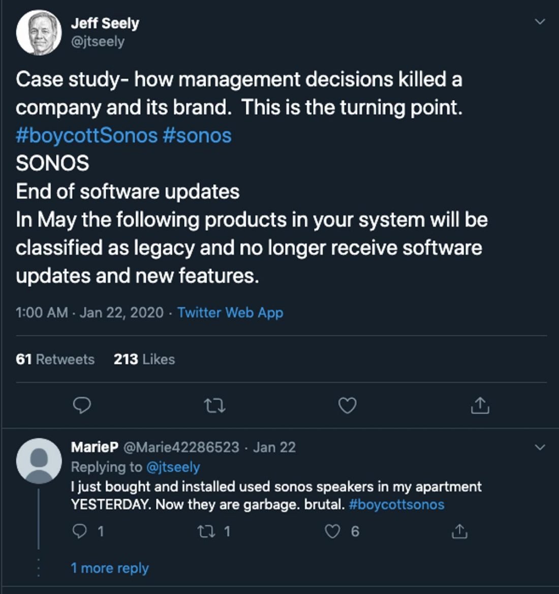 Sonos loses scores of customers, as shown in Tweets with the hashtag boycottSonos.