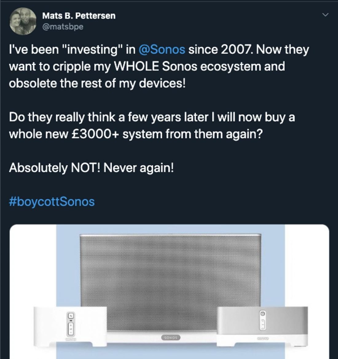 Sonos loses scores of customers, as shown in Tweets with the hashtag boycottSonos.
