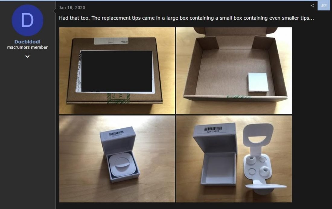 Forum user Doebldodl shared an unboxing of the replacement ear tips he received (From: MacRumors Forums)