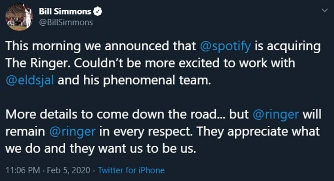 The Ringer founder Bill Simmons is happy to work with Spotify (From: Bill Simmons, Twitter)