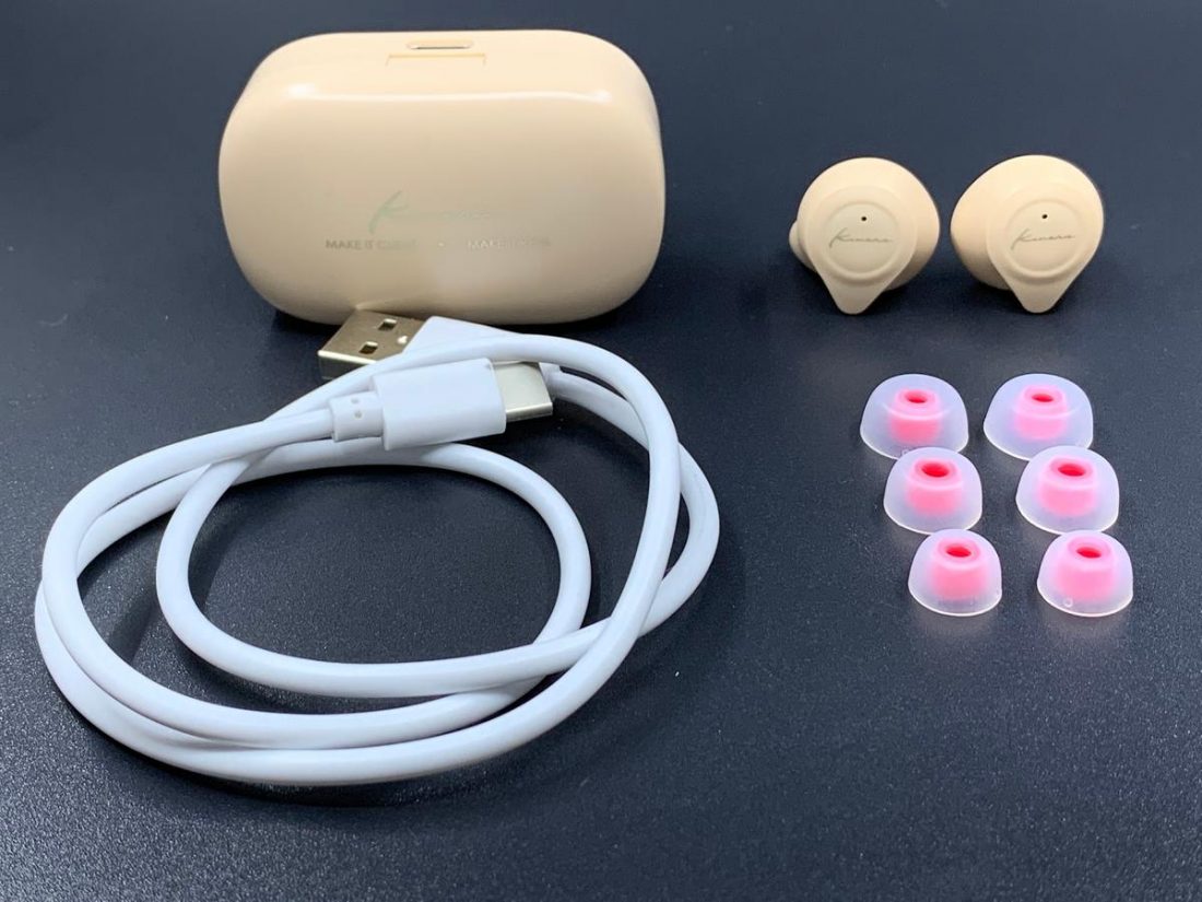 Useful accessories such as ear tips and charging cable are included.