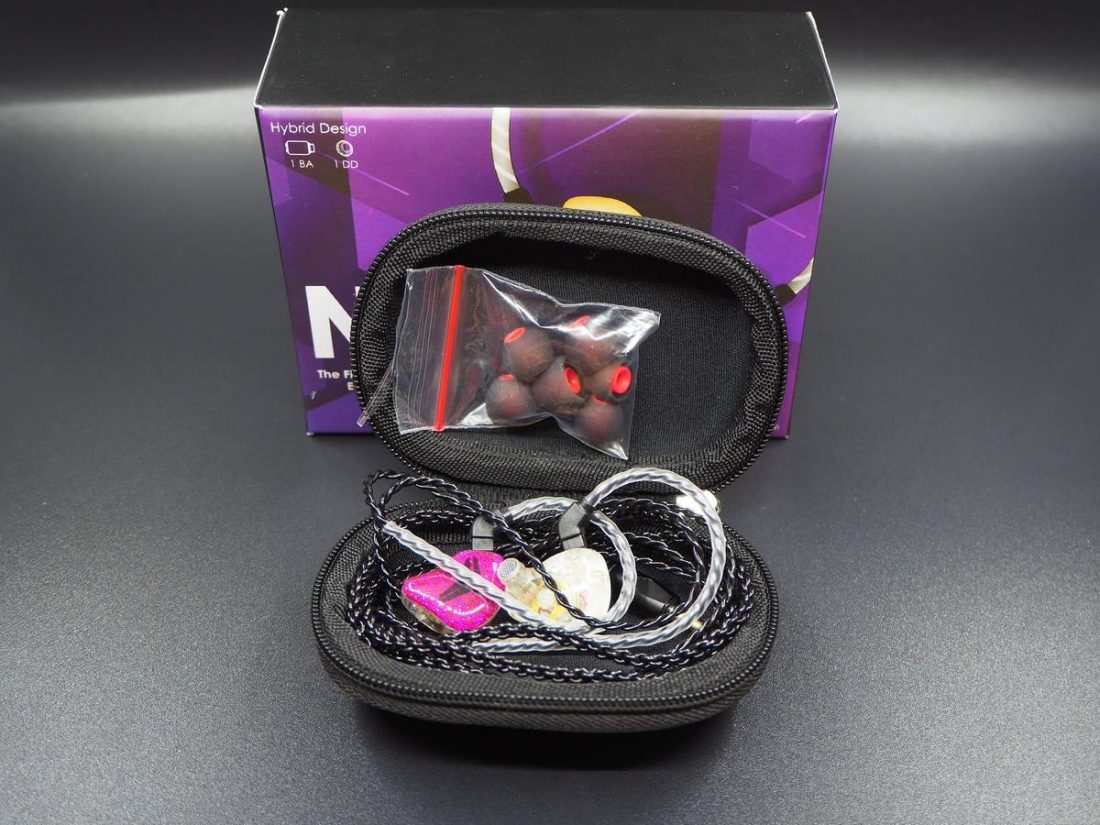 Avara Neo, stock cable and ear tips are sitting in the zip case.