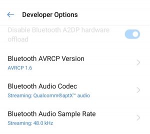 Developer Mode Settings for Android Bluetooth Audio