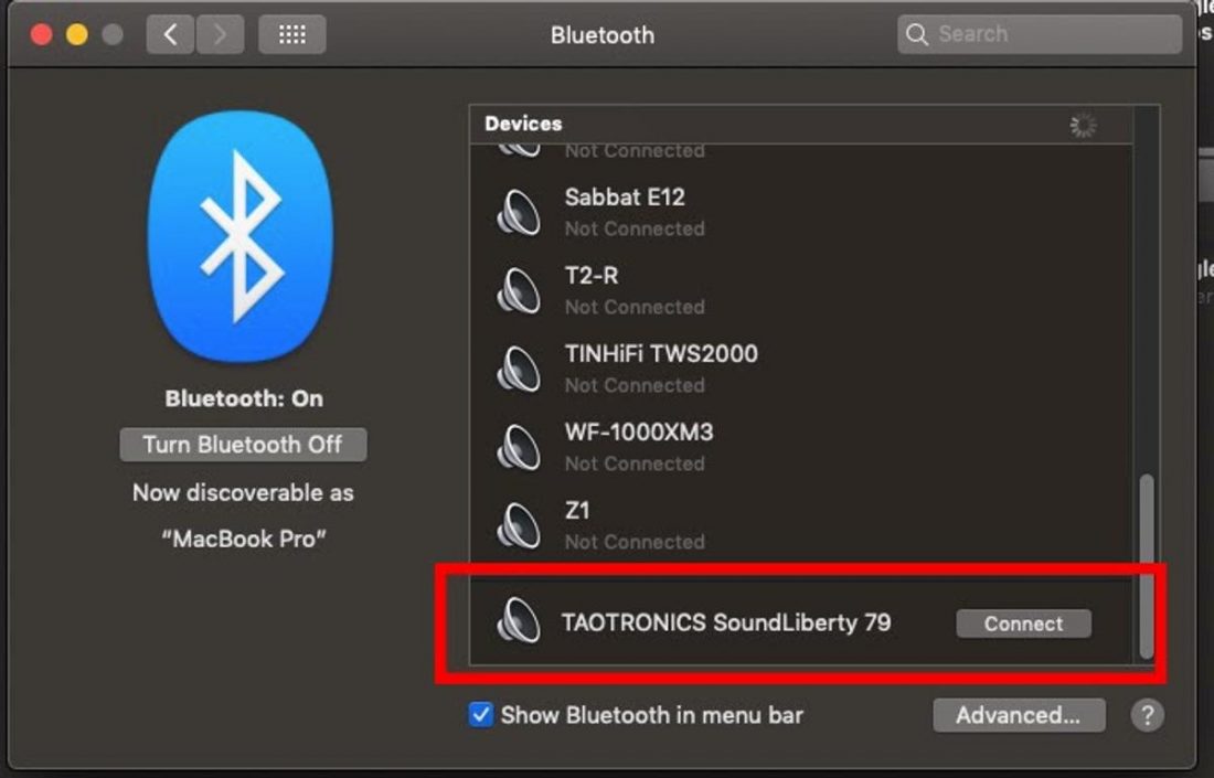 Your Taotronics Bluetooth headphones should appear in the device list.