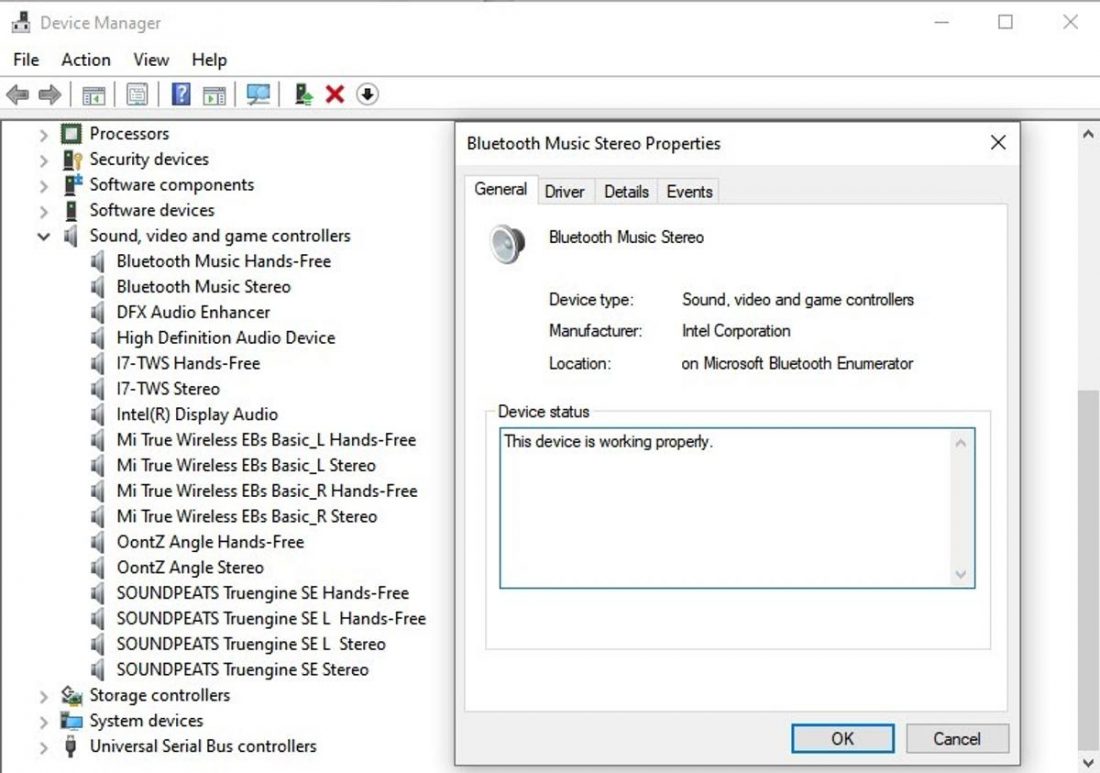 Windows Device Manager and Bluetooth Music Stereo Properties Window
