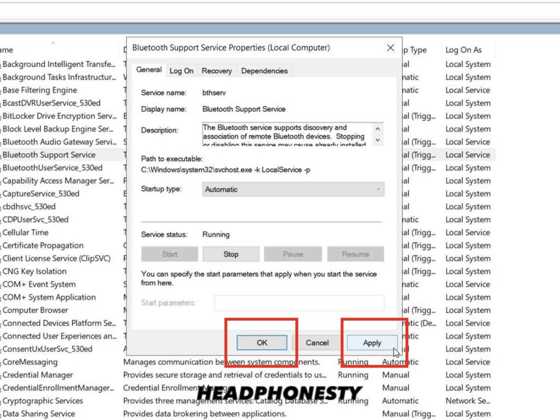 Windows Services Panel and Bluetooth Support Service Properties Window