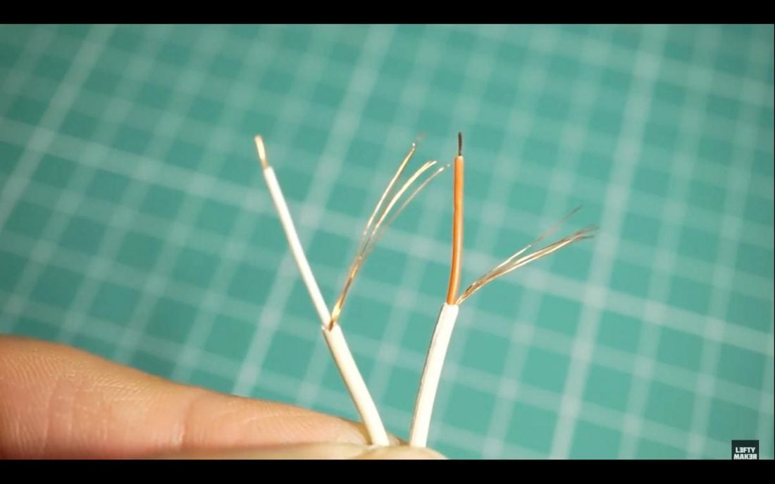 Removing the jacket reveals a white wire, a red wire, and bare wires for ground (From YouTube.com/LeftyMaker)