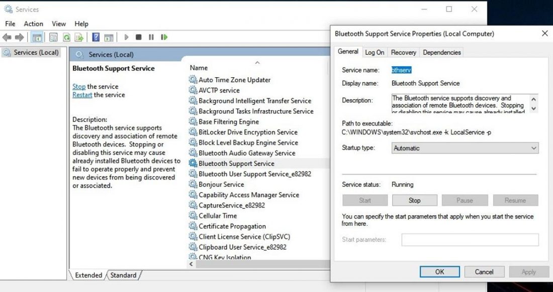 Windows Services Panel and Bluetooth Support Service Properties Window