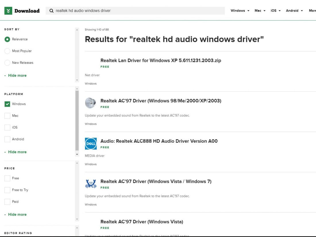 Realtek HD Audio Windows 10 search results page on Download.com