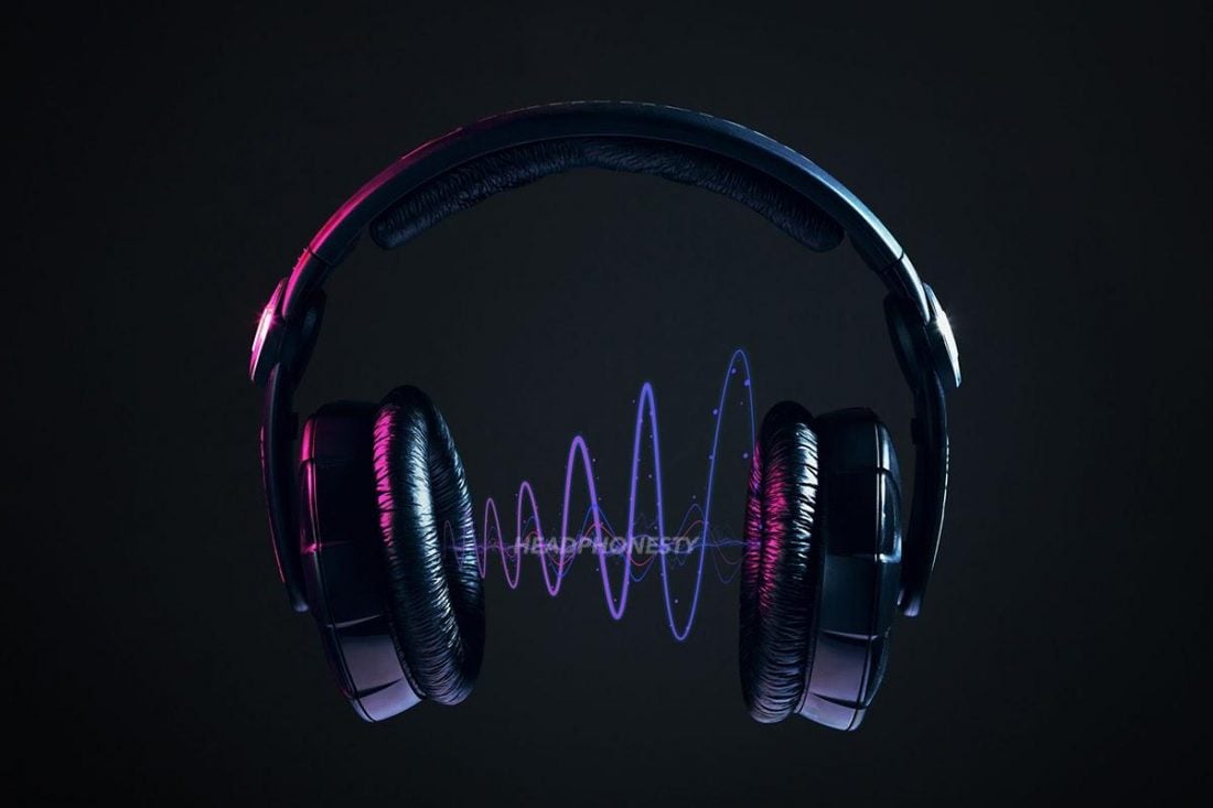Wide shot of headphones with soundwaves.