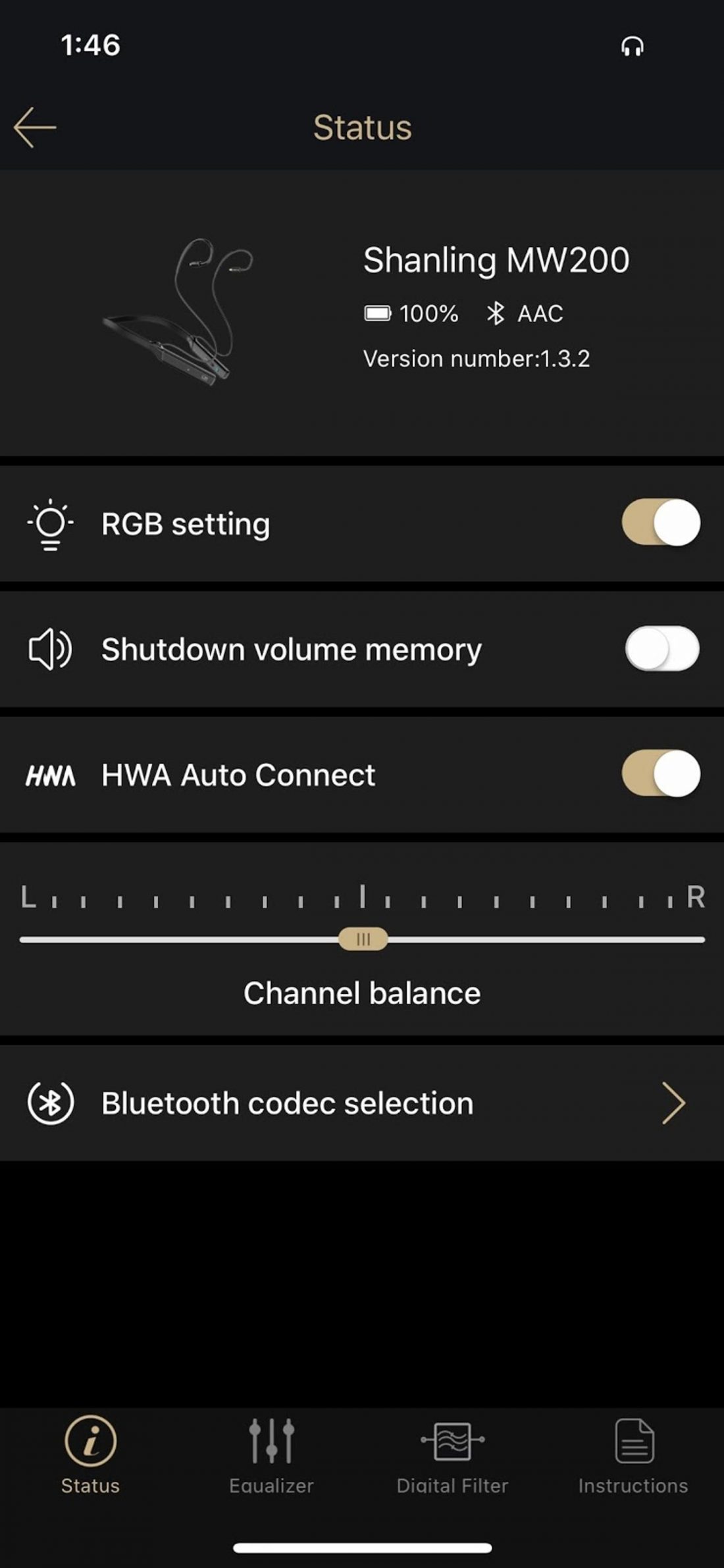 The main screen of the Shanling companion app on iOS. Note that the firmware version 1.32 is current as of writing and that it is using the AAC codec to communicate with my iPhone.
