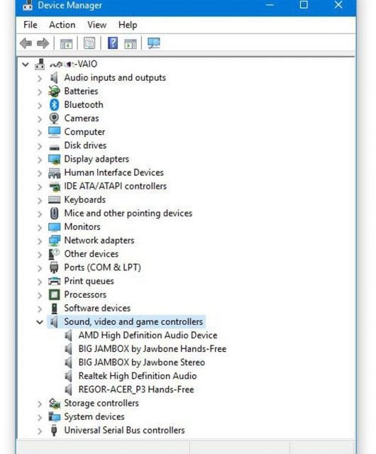 "Device Manager" window with "sound, video, and game controllers" section expanded.