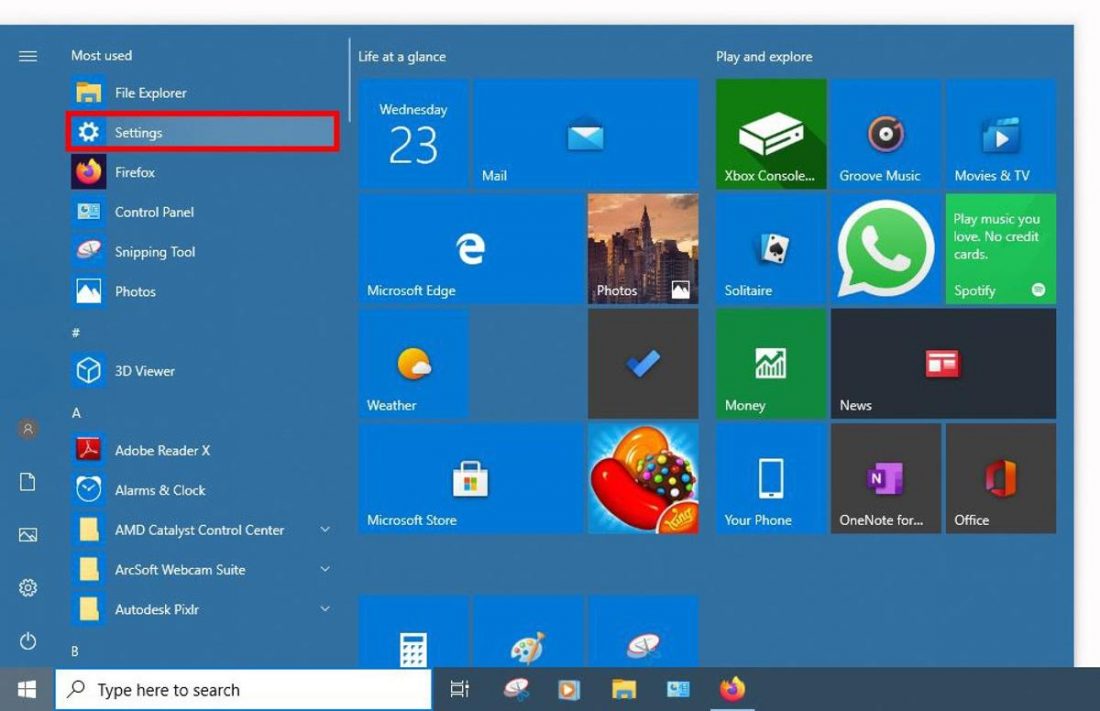 Windows menu with 