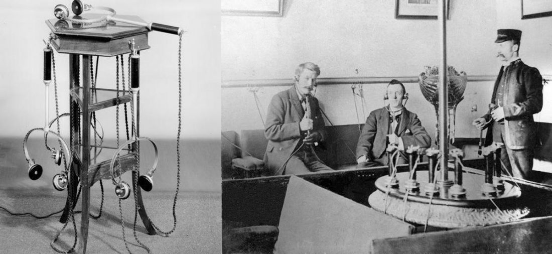 Electrophone receivers on a stand (left) & electrophone users (right) (From: britishtelephones.com/electrophone.htm)
