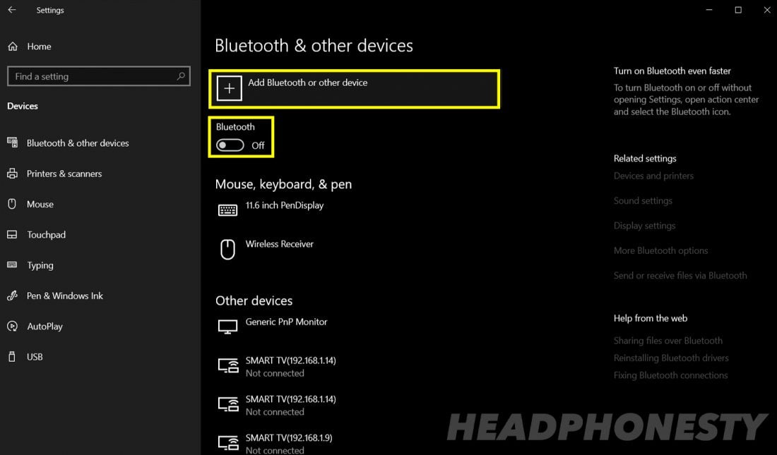 Enable Bluetooth and Click on Add Bluetooth Devices