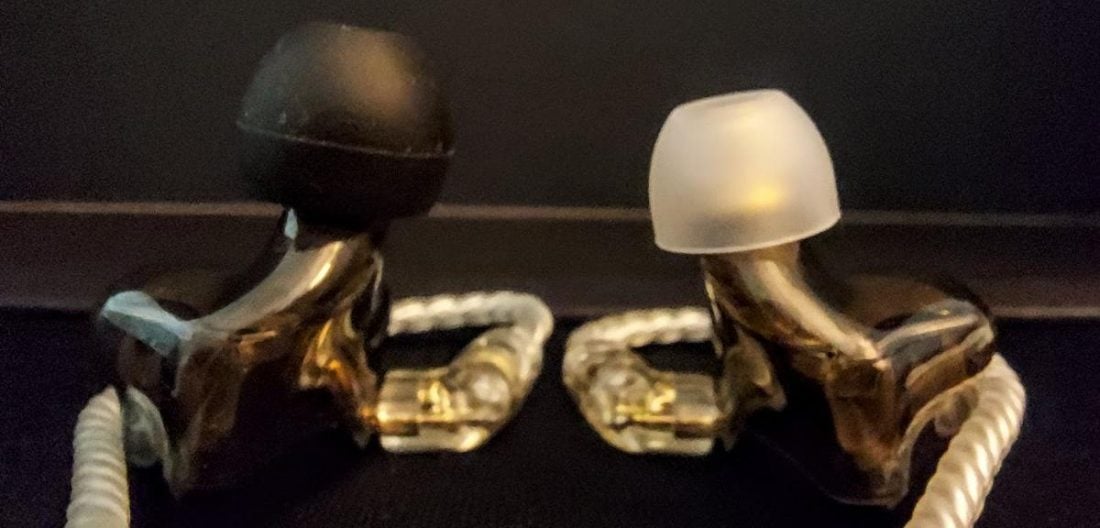 On the left, a Thieaudio ear tip replacement. On the right, a stock CS16 ear tip.
