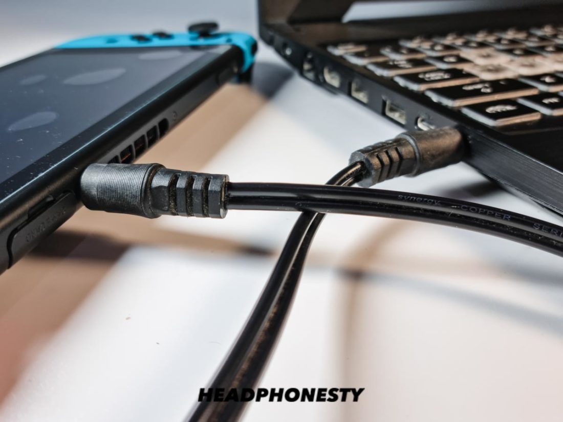 Aux cable connected to Switch and laptop