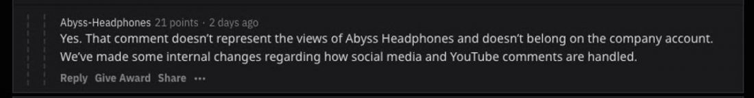 Abyss addressed the initial comment on Reddit. u/Abyss-Headphones (From: reddit.com)