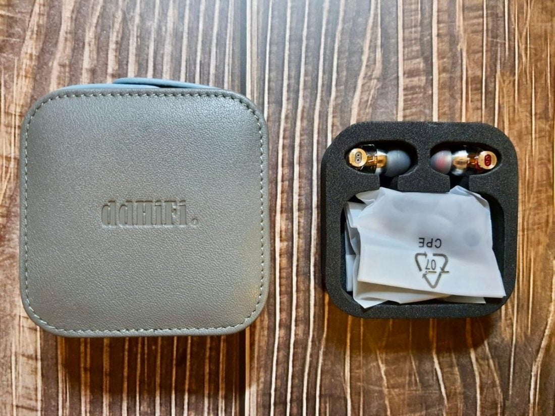 The earphones are stored in the carrying case.