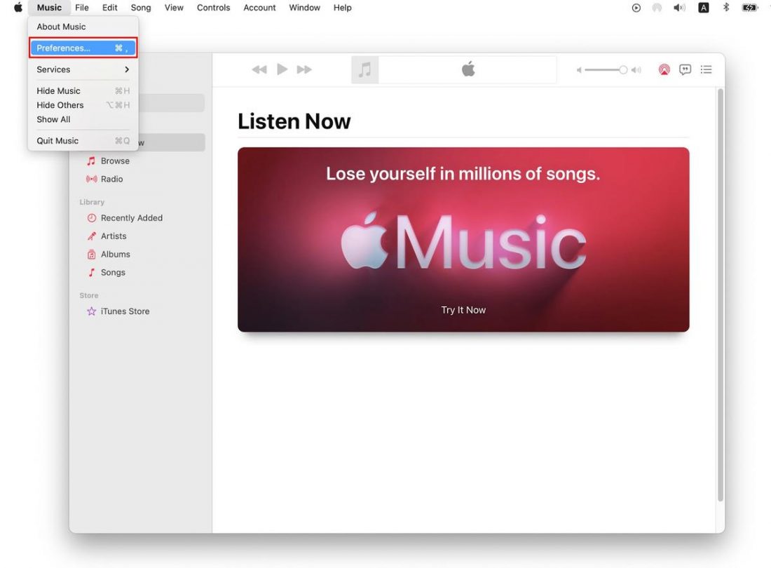 Music menu open with Preferences highlighted.