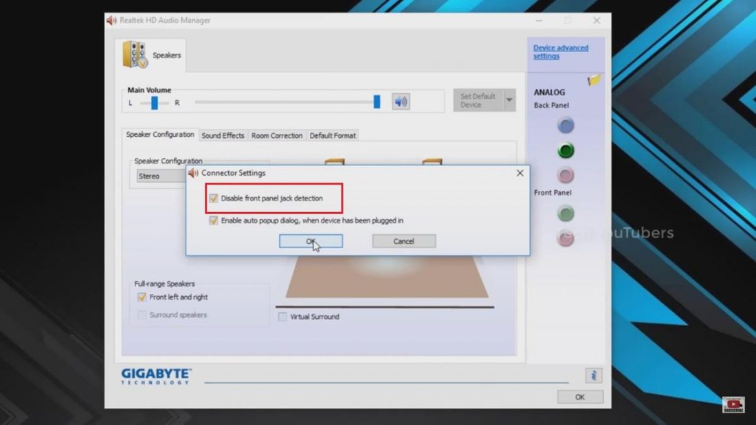 Disable front panel jack detection option in Realtek HD Audio Manager. (From: YouTube/Tech YouTubers)