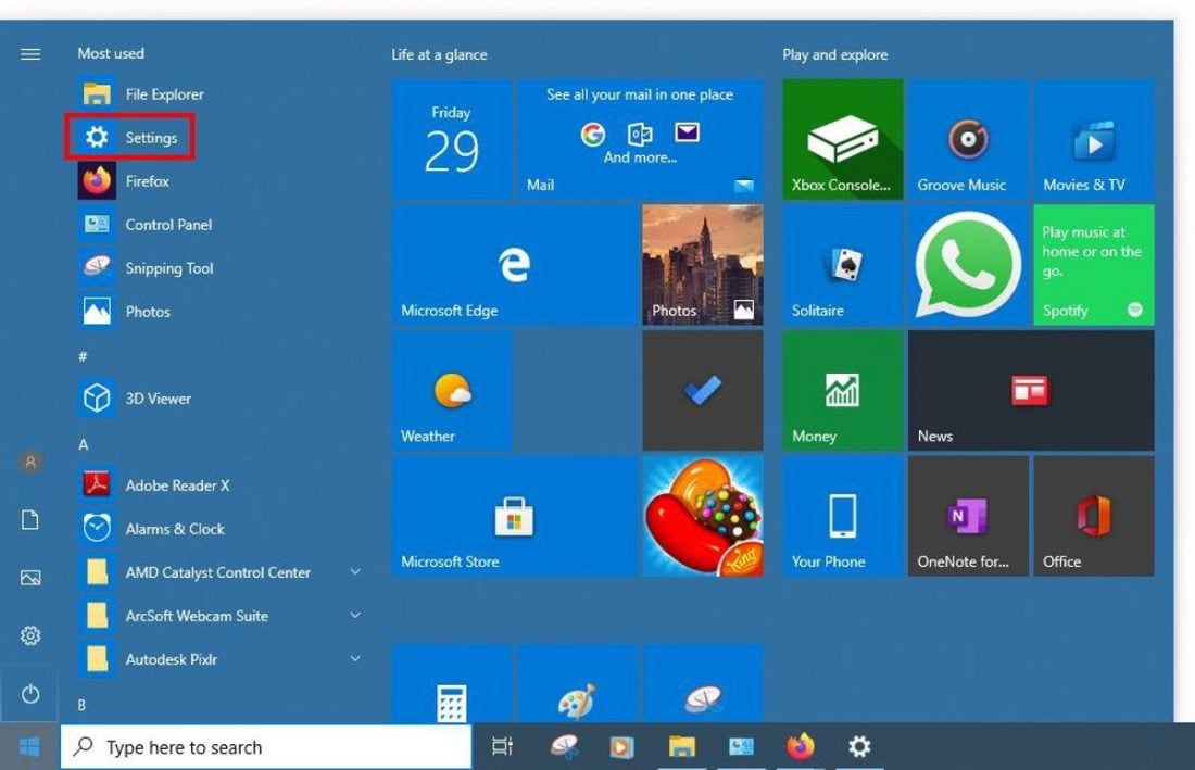 Start menu with Settings highlighted.