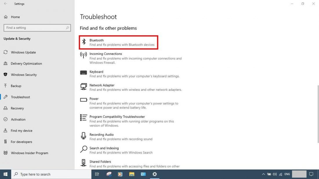 Troubleshoot window with Bluetooth highlighted.