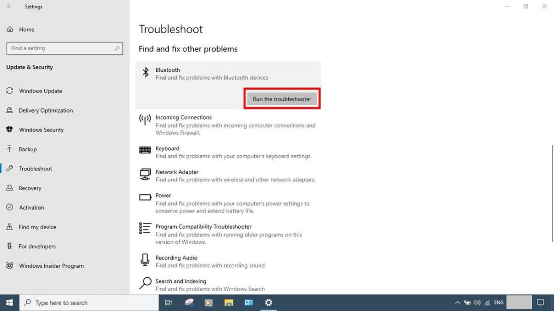 Troubleshoot window with Run the troubleshooter highlighted.