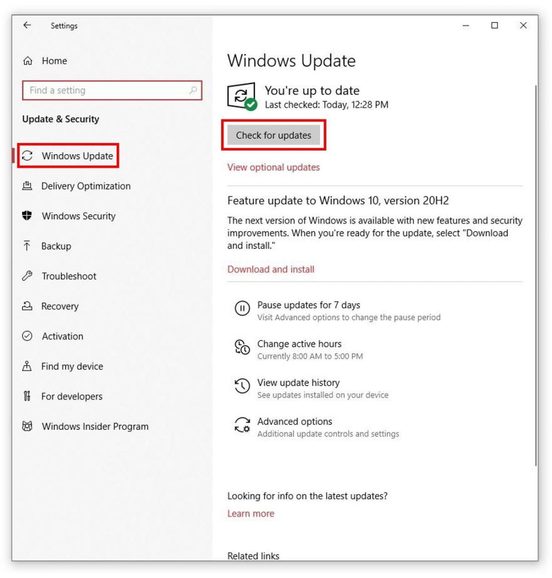 Update & Security window with Windows Update and Check for updates highlighted.