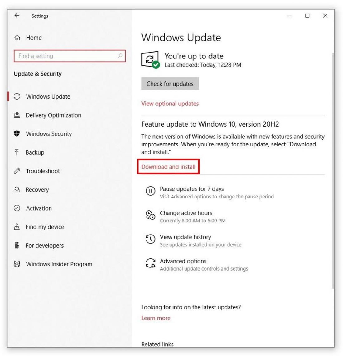 Update & Security window with Download and install highlighted.