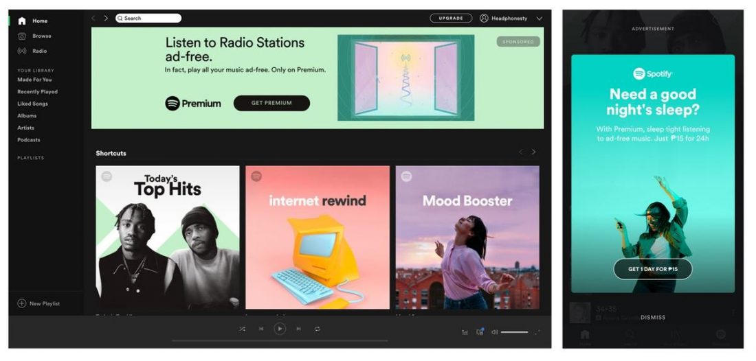 Ads as they appear on Spotify's mobile and desktop apps.