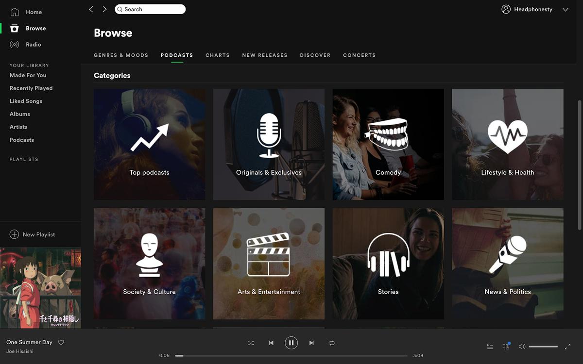 Podcast categories on the Spotify desktop app.