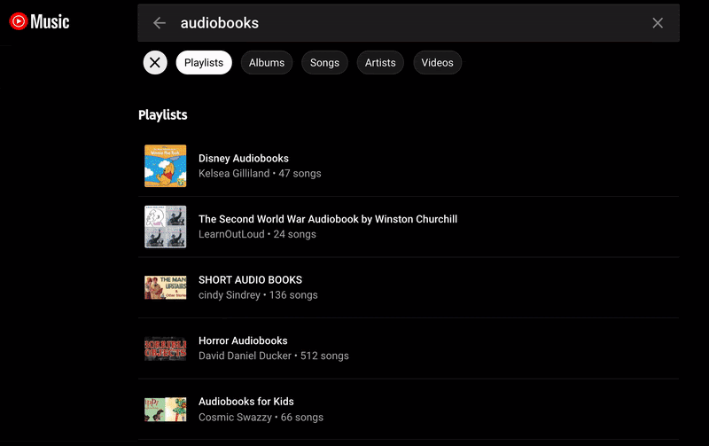 Unofficially hosted audiobooks on Youtube Music.