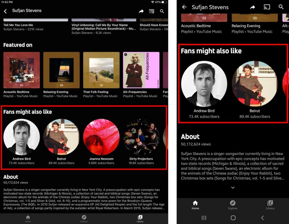 'Fans Might Also Like' section on Youtube Music's artist profiles.