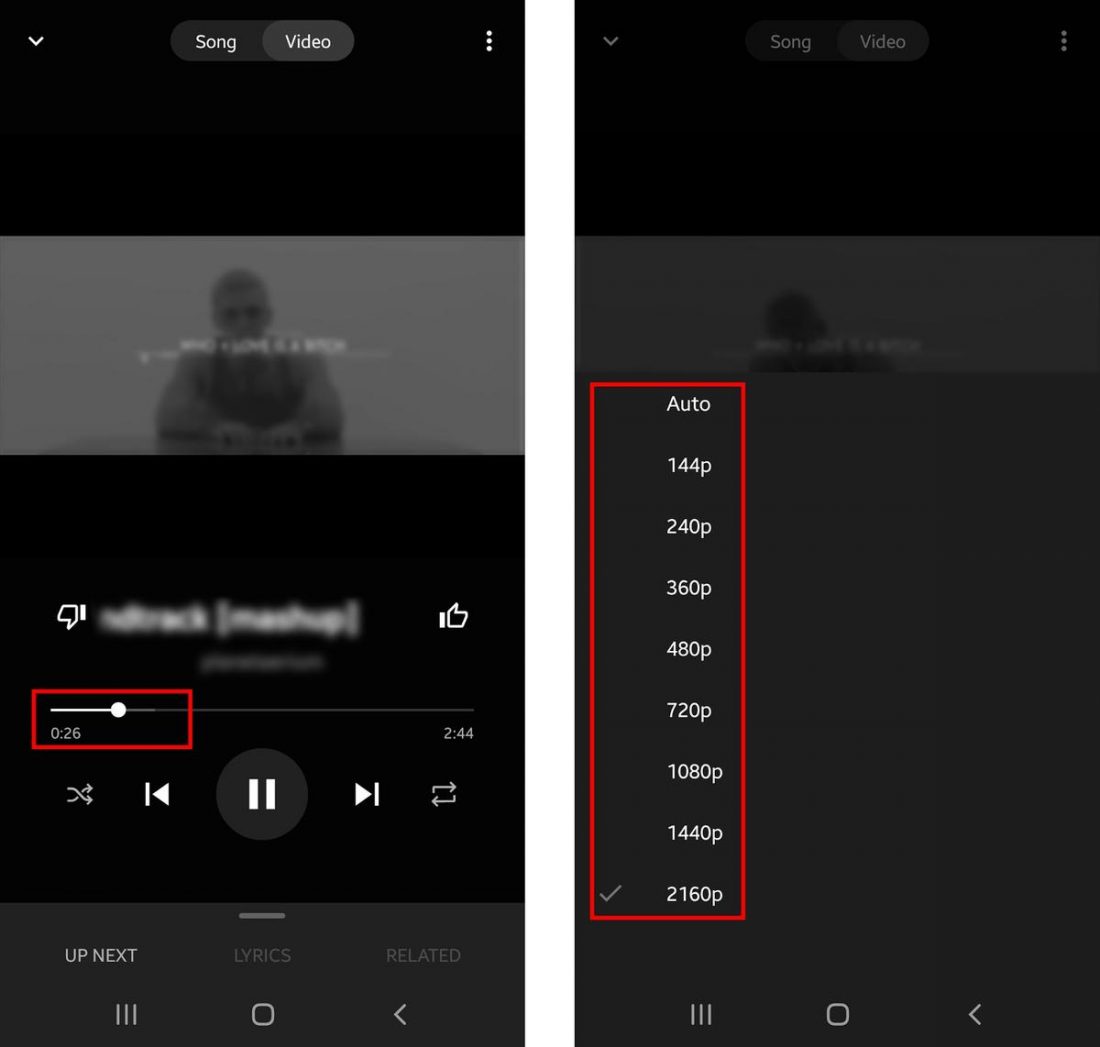 Video streaming settings on the mobile app.