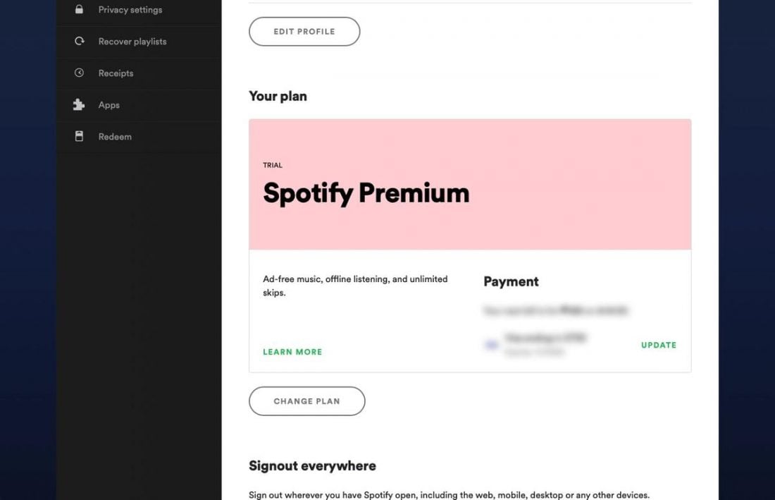 Accessing the 'Change Plan' page on Spotify.