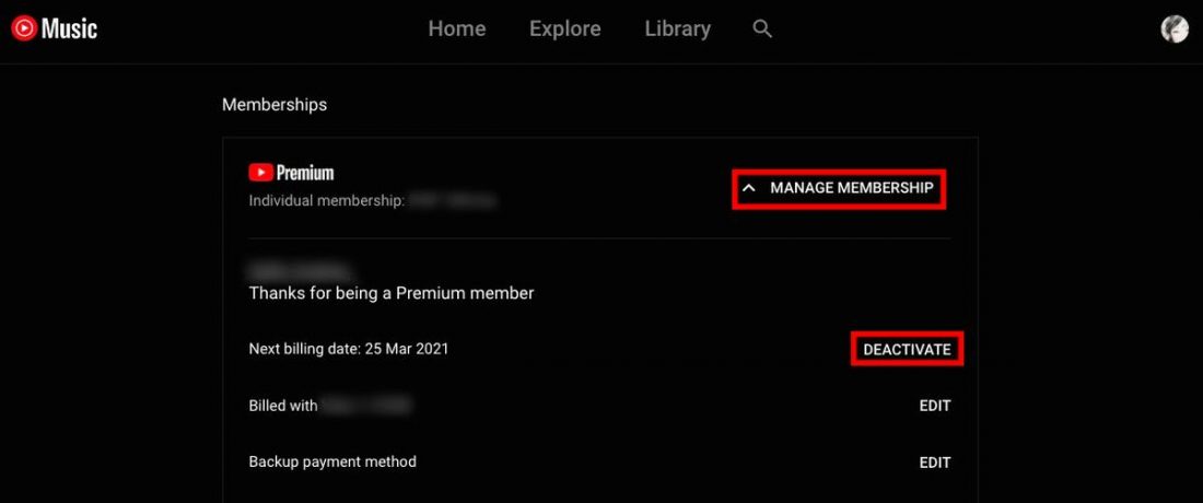 Manage Membership page on Youtube Music.
