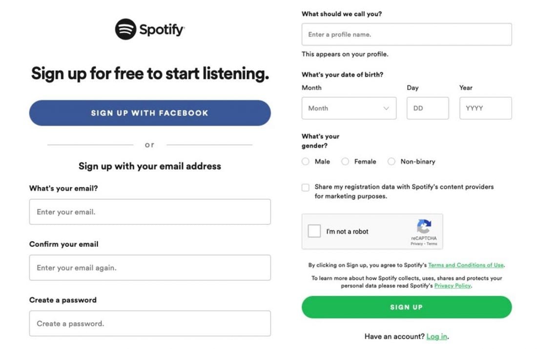 Spotify account sign-up page.