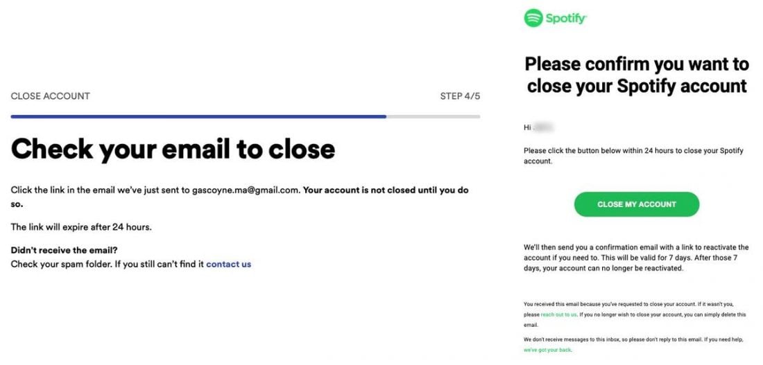 Confirming Spotify account deletion via email.