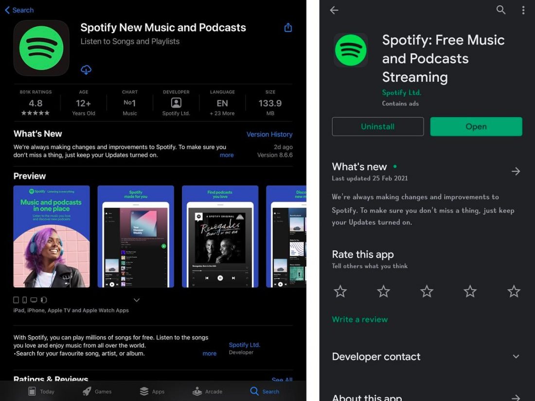 Spotify on Google Play and the AppStore.