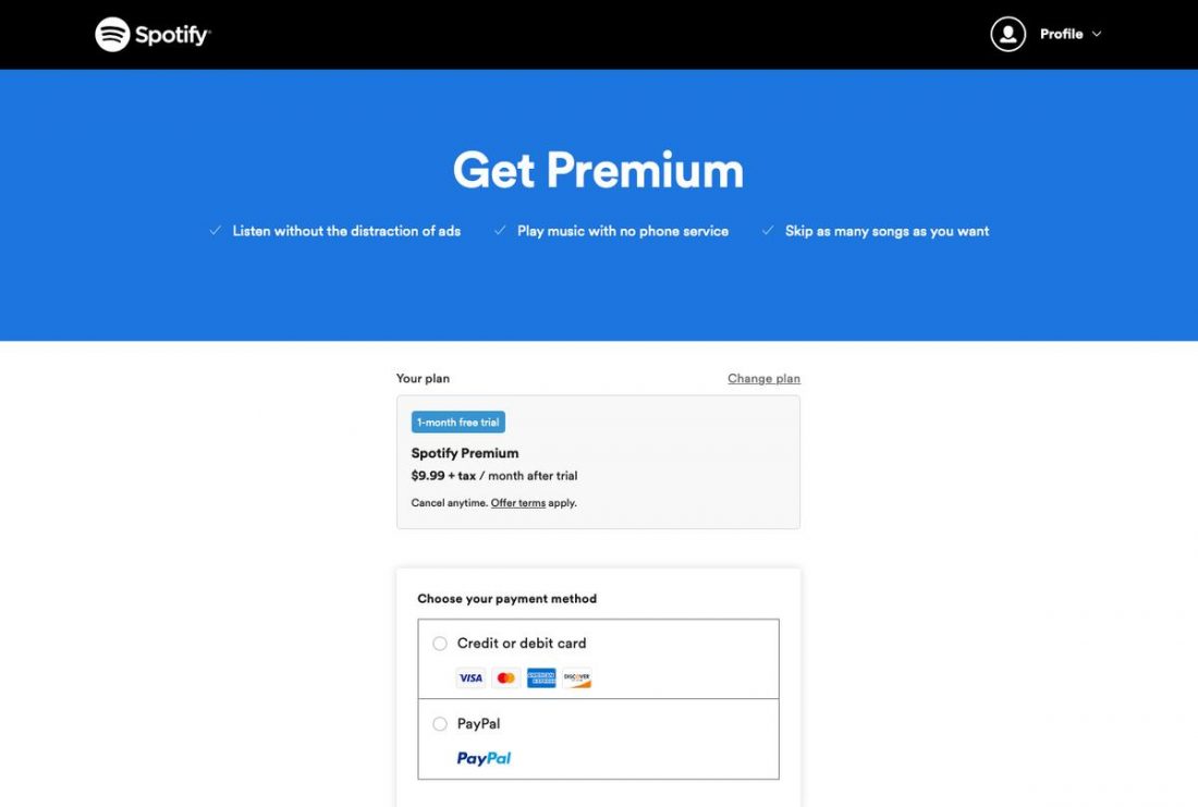 Spotify Premium purchase page.